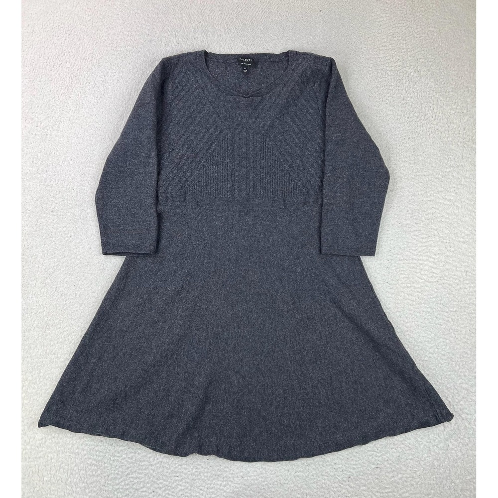 Talbots Sweater Dress Womens XL Gray Pure Merino Wool Knit 3/4 Sleeve A-Line